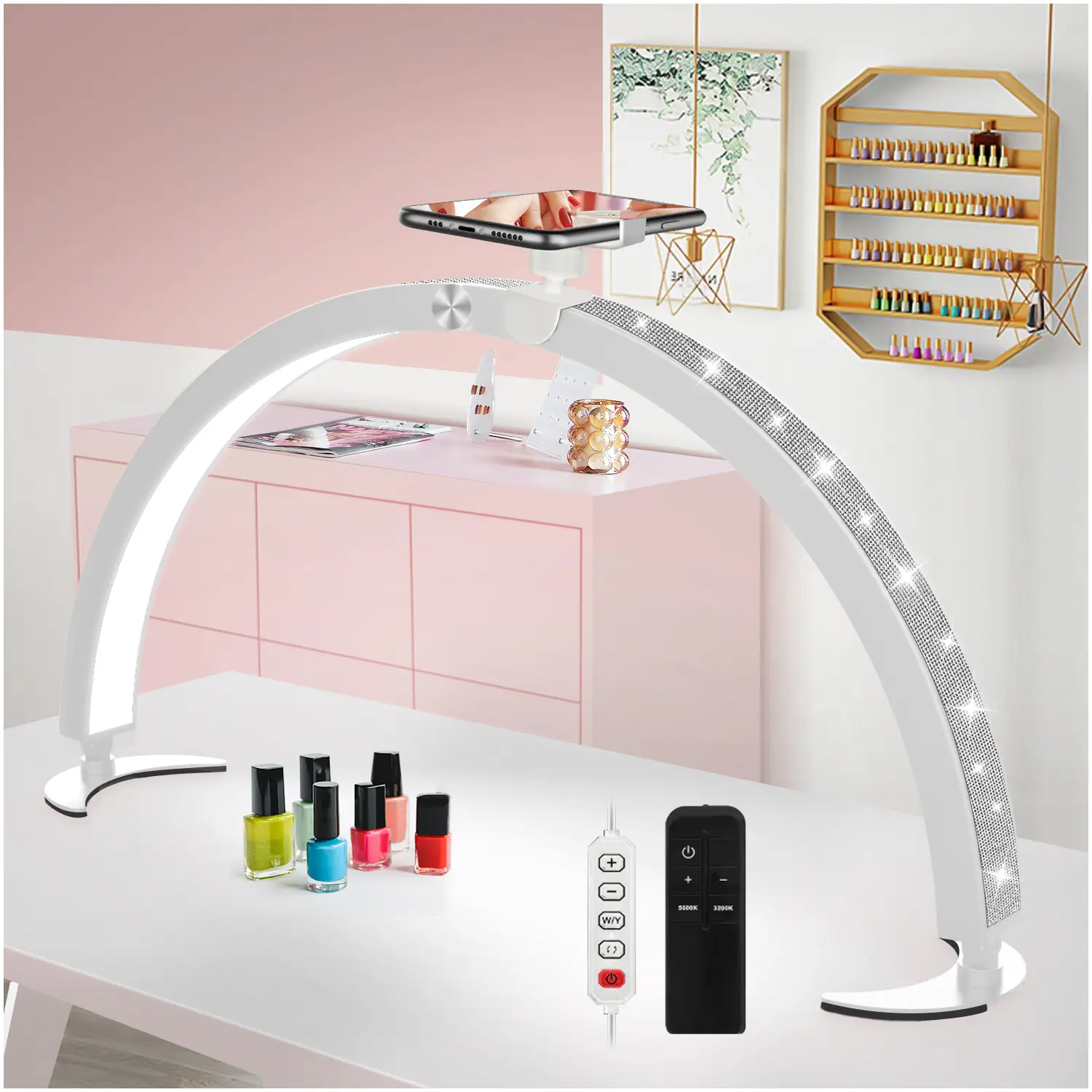yAyusi 29In Half Moon Light for Nail Desk with Phone Holder, 40W Nail Desk Lamp, Nail Tech Light with Wire Controller & Remote, 7 Color Modes, 10 Brig