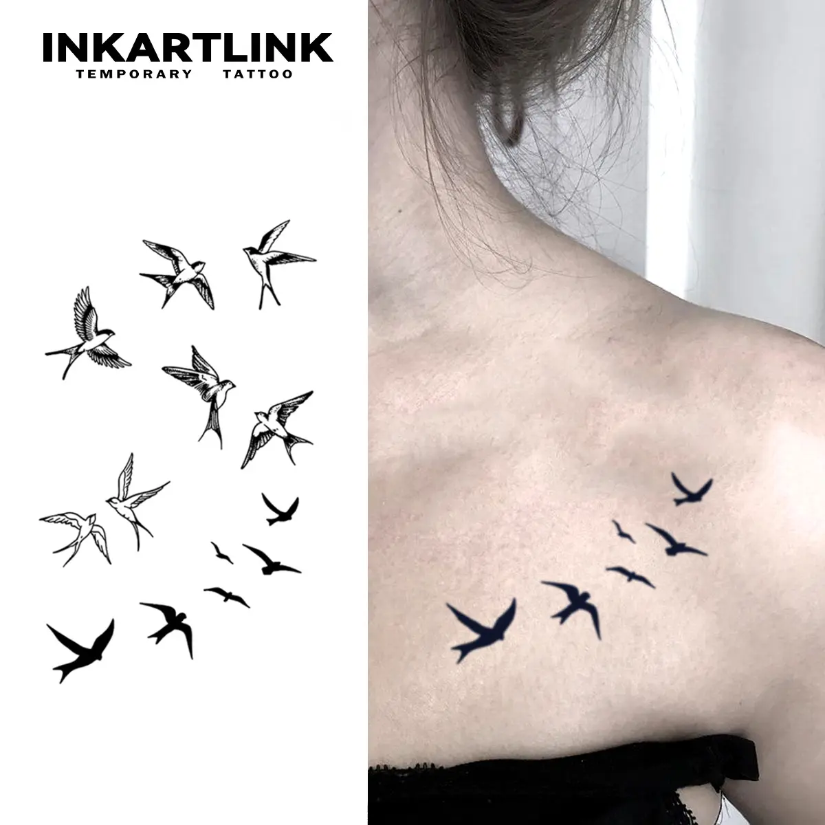 INKARTLINK Tattoo Tech, 2 Sheets Extra-Large Semi Permanent Tattoo, Adult Art Design Temporary Tattoos, Lasts 1-2 Weeks, Waterproof, Realistic Look, No Adhesive, No Reflection (Swallow Design)