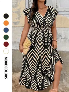 【Plus Size】 All Over Print Shirred Dress, Casual Ruffle Hem Dress for Summer, Women's Plus Clothing for Daily Wear, Womenswear