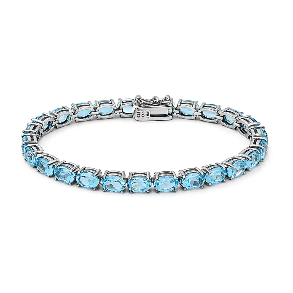 925 Sterling Silver Blue Topaz Classic Oval Bracelet 7.25 Inches