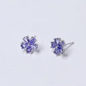 925 Sterling Silver Gemstone Sky Blue Tanzanite Flower Stud Earrings, Pear Cut Natural Genuine Birthstone Gift for Women or Girls