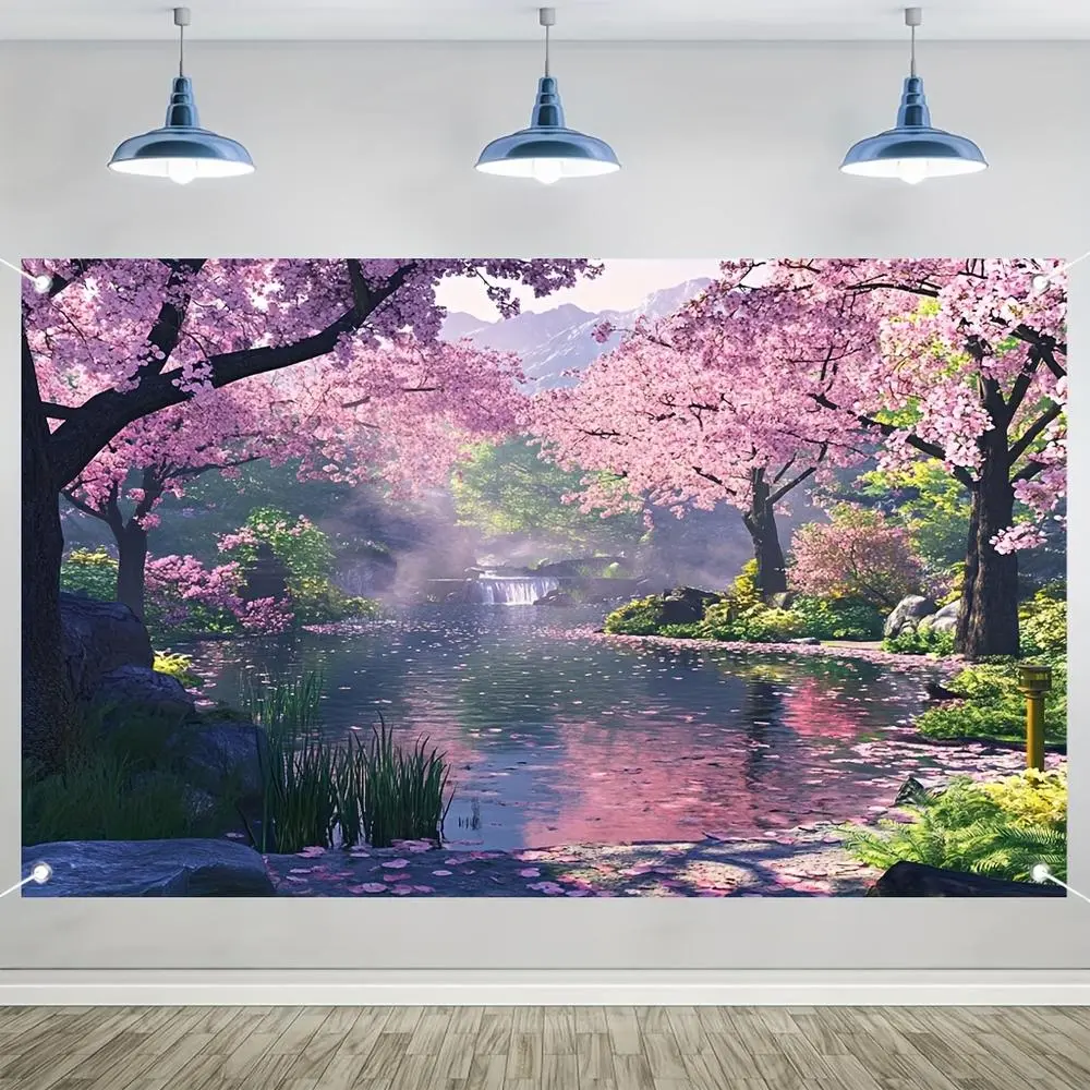 1pc Vibrant Polyester 2D Flat Summer Japanese Garden Tapestry Backdrop - Peaceful Cherry Blossom, Koi Pond Scene, Indoors Wall Hanging Decor for Living Room, Bedroom