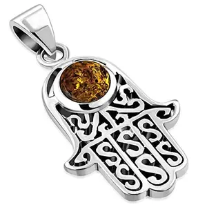 925 Sterling Silver Hamsa Hand Protection Simulated Gemstone Pendant Necklace With Chain, Adults