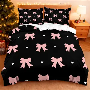 Black and pink bedding with bow and heart print,  cover and pillowcase set, a sweet and cool romantic bedroom decor.