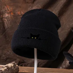 FUNYH Machine Washable Hip Hop Style Knit Beanie Hat - Unisex Black Cat Embroidery Cuff Cap - Single Pack