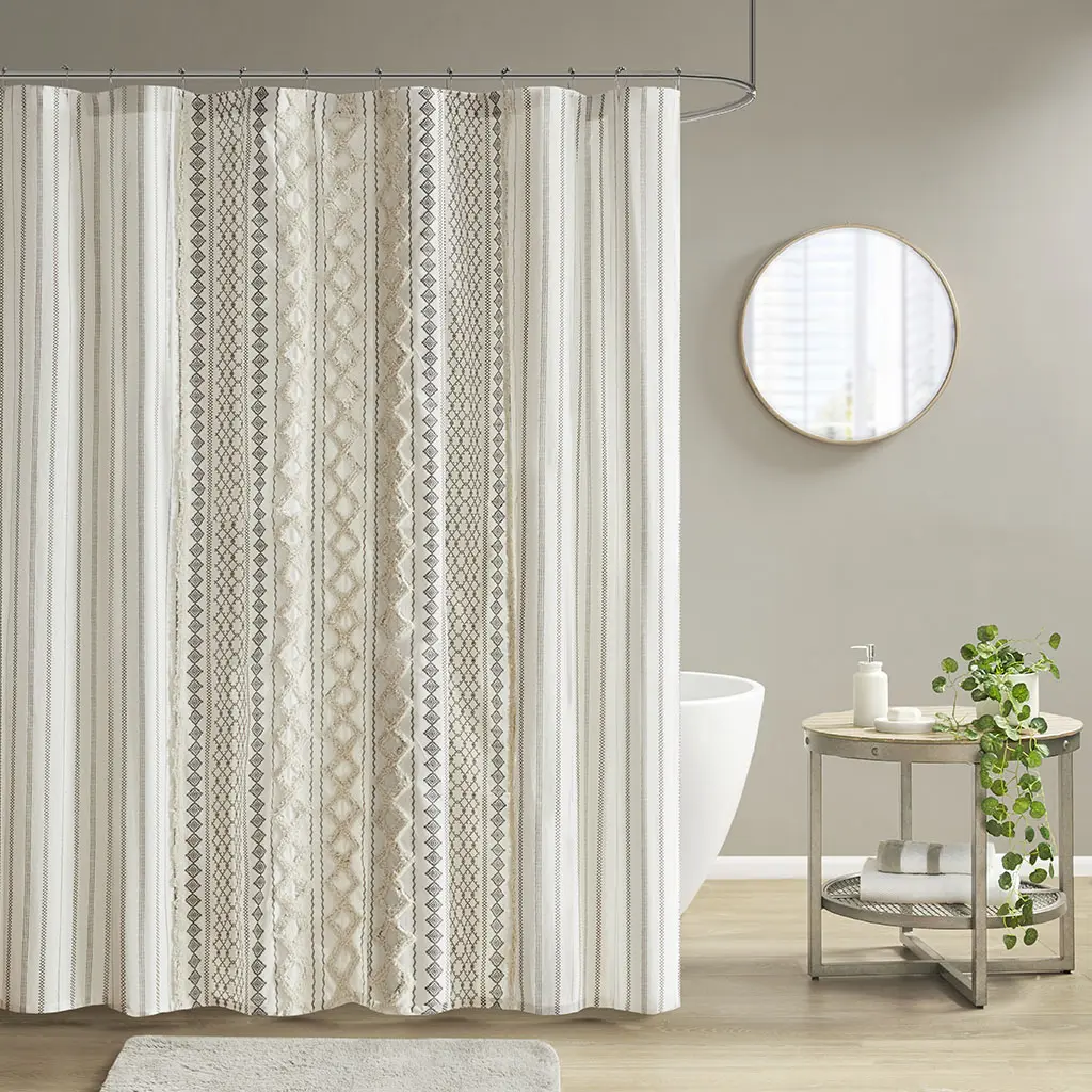 REGENCY HEIGHTS Imani Tufted Chenille Cotton Stripe Decorative Shower Curtain - Modern Home Bathroom Bathtub Privacy Screen, Machine Washable, 72in x 72in