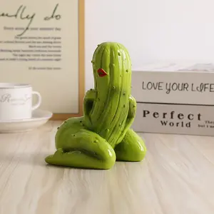 Funny sexy cactus figurine with red lips, quirky resin cactus statue for office desk decor, whimsical ugly-cute plant ornament, creative gag gift for friends, abstract desktop stress relief toy, unique home bookshelf decoration, green sculpture