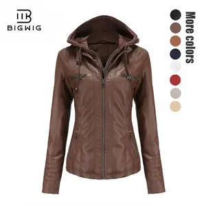 BIGWIG women's faux leather jacket, stand collar, zipper closure, short biker style, PU material, detachable hood, suitable for spring and autumn