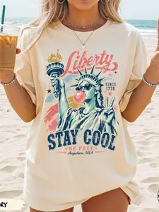 Liberty Stay Cool T-Shirt, Patriotic Statue Of Liberty Graphic Tee With Be Free Front Print, USA 1776 Summer Shirt, 4th Of July Outfit Gift for Women