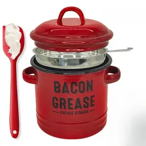 Bacon Grease Container with Strainer & Food-Grade Silicone Spatula,  Large Enamel Rustic Farmhouse Fat Container, Keeper, Dishwasher Safe,Dishwasher Safe Filter Kitchen Utensils fine mesh strainerGift