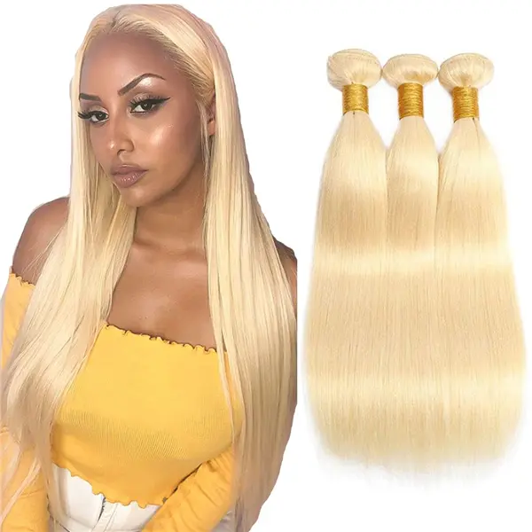 613 Blonde Virgin Human Hair Straight Bundles, 16-30inch Top Quality Machine Double Weft Extensions for Girls