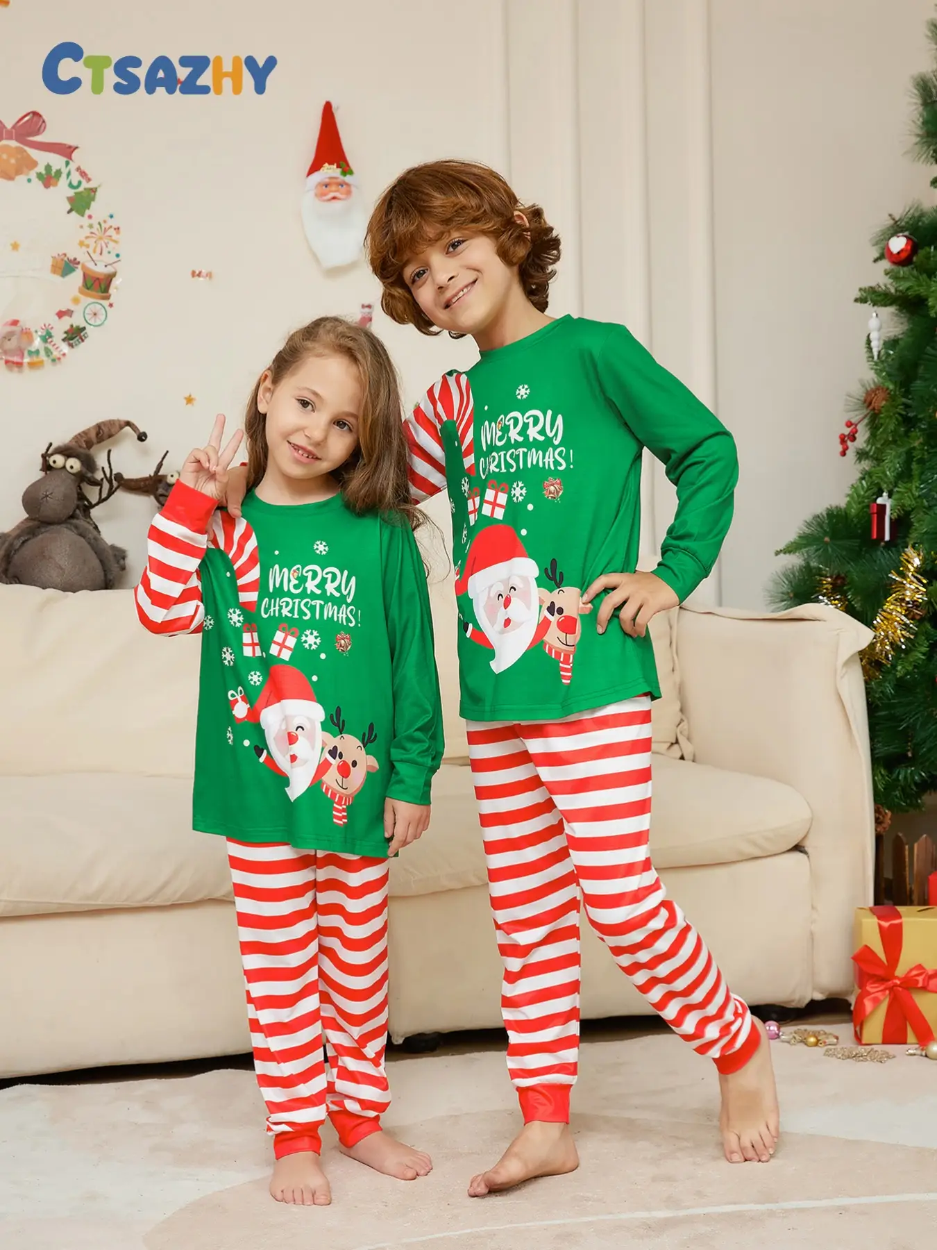 Fireproof Sleeping Suit Children Christmas Pajamas Circus Striped Santa Claus Printed Daily Kids Casual Home Wear Sleepwear Set 2 Pieces