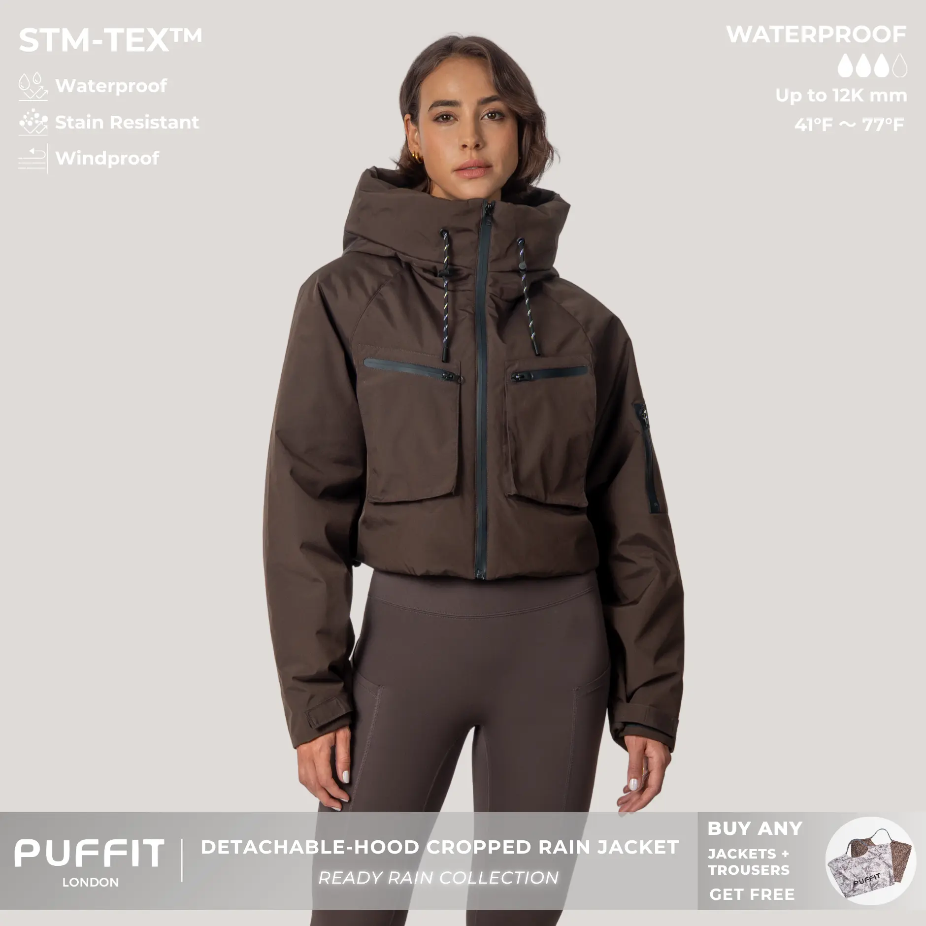 PUFFIT STM-TEX Elevated Cropped Detachable-hood Rain Jacket With Drawstring Hem,WaterProof,Stain Resistant,Windproof,Women's Rain Jacket,Breathable Stylish,Inner Pocket Design,Outdoor Sport,Windbreaker,School Running,Womenswear,,Fall,Winter,2026 Shopping