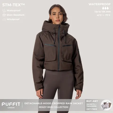 PUFFIT STM-TEX Elevated Cropped Detachable-hood Rain Jacket With Drawstring Hem,WaterProof,Stain Resistant,Windproof,Women's Rain Jacket,Breathable Stylish,Inner Pocket Design,Outdoor Sport,Windbreaker,School Running,Womenswear,,Fall,Winter,2026 Shopping