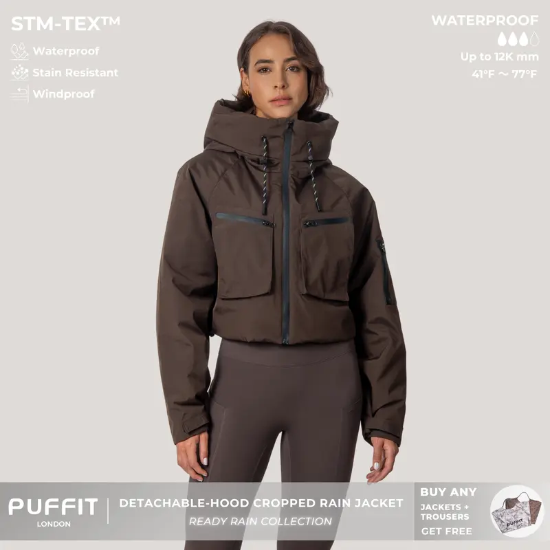PUFFIT STM-TEX Elevated Cropped Detachable-hood Rain Jacket With Drawstring Hem,WaterProof,Stain Resistant,Windproof,Women's Rain Jacket,Breathable Stylish,Inner Pocket Design,Outdoor Sport,Windbreaker,School Running,Womenswear,,Fall,Winter,2026 Shopping