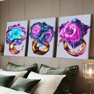 3 Counts Wooden Framed Canvas Painting, Neon Bloom Liquid Metal Roses Images, Exquisite Poster, Perfect Gift, Decor For Living Room, Bedthroom, Modern Art, Fashion Family Poster, Wall Art Decoration