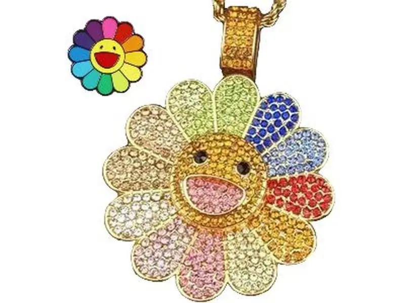 Sunflower Petal Smiley Face Necklace Takasi Murakami Inspirational Badge Brooch(Spinning Pendant,Set of 2)