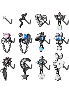 12 Pcs Black Golden L-Shape Nostril Piercing Collection for Women Men Durable Stainless Steel with Polished Sleek Finish Embellished with Dazzling CZ Assorted Delicate Designs Heart Feather Star Blossom Wing Snake Charms Fine Dangle Details