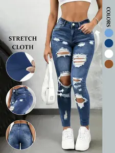 Women's Ripped Jeans, High-Waisted Skinny Fit, Solid Color, Five Pockets, Comfortable Denim Fabric, Casual Wear for Spring Summer Fall