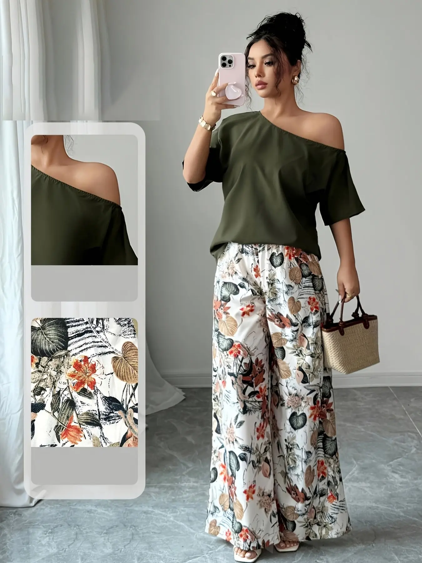 Women's Summer Two-Piece Set, Asymmetrical Shoulder Top and Plant Printed Floral Long Pants, Casual Boho Bohemian Solid Color, Comfortable and Stylish, Elegance