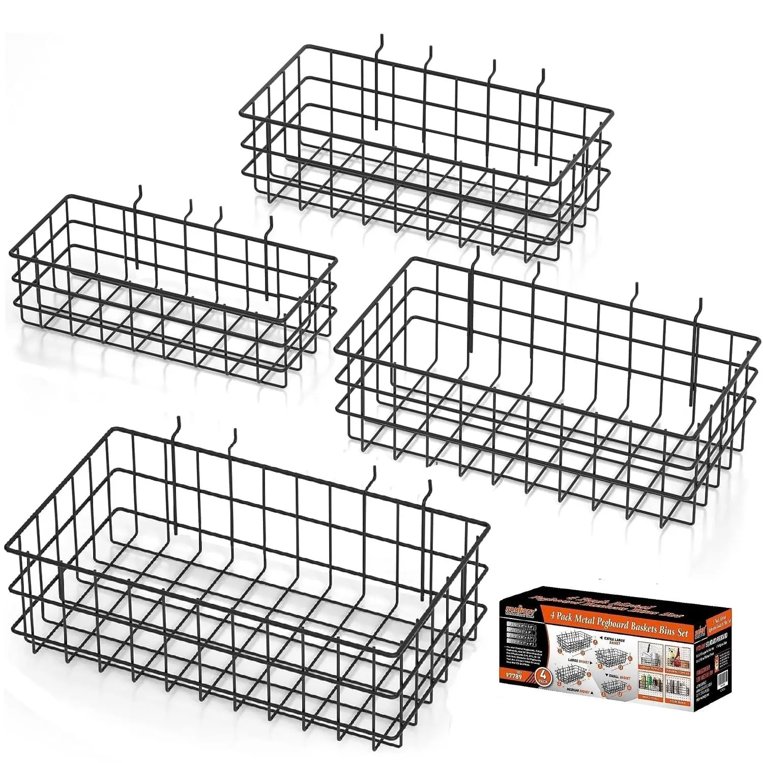 HORUSDY 4-Pack Square Peg Board Bins & Baskets (4 Sizes) - Metal Bulk Storage Organizer Compartment Box for Workbench, Peg System Tool Racks & Bars Paint Tool Accessories Storage