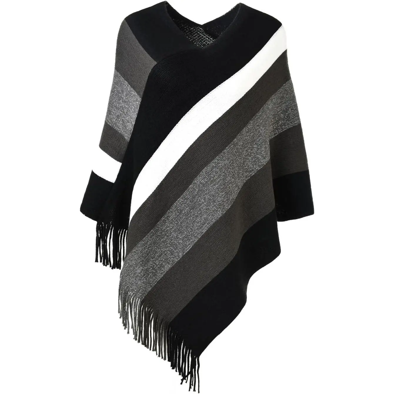 Women's Acrylic Striped Poncho Sweater - Cozy Knit Fringe Shawl Wraps for Fall, Winter, Thanksgiving, Birthday, Everyday Use, Black & Grey