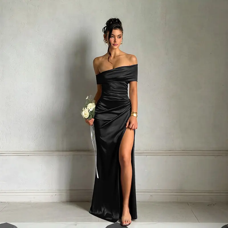 YJ24467G1K-Womens Solid Satin One Shoulder Bodycon Elegant Party Gown Plain Sleeveless Backless Off-Shoulder Slim-fitting Split Midi Dresses