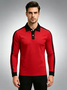 Men's elegant ribbed collar long sleeved shirt - casual sports, navy blue with red accents, polyester, buttons, smooth fabric, suitable for casual wear