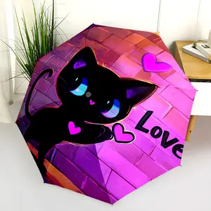 1 PC Automatic Folding Umbrella - Love Heart Black Cat Pattern, Portable & Foldable Design with 8 Ribs, Merry Christmas Pattern,Casual Outdoor Accessory Halloween and Christmas Birthday Gifts. E0097
