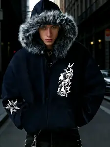 Men's Warm Zipper Hooded Cardigan Sweater with Fleece Lining, Sporty Style, Loose-Fitting, Geometric Pattern, Spring & Fall