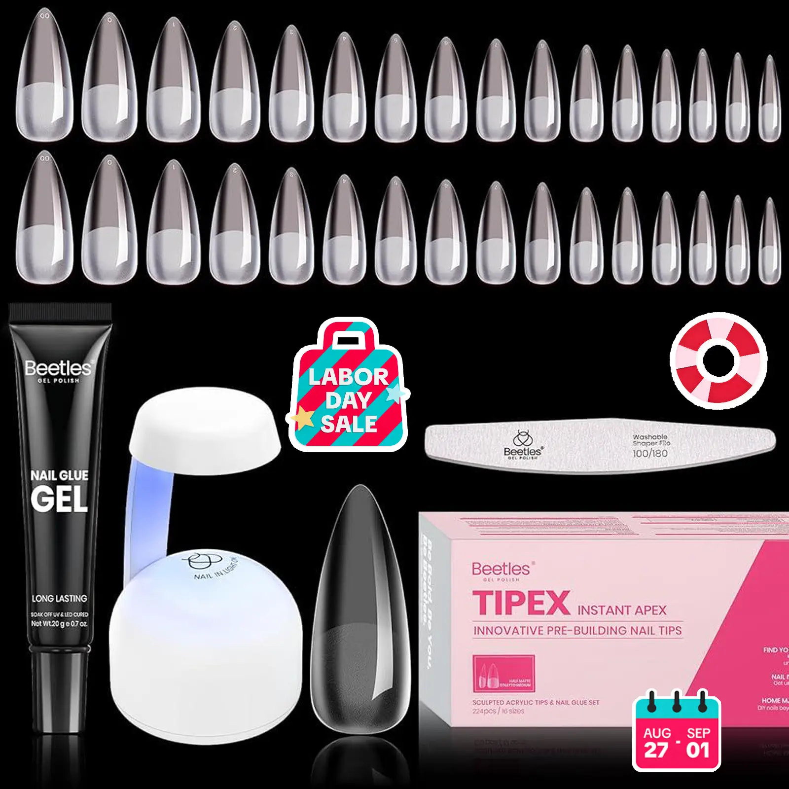 Beetles Tipex Instant Apex Nail Tips Thick Acrylic Nail Set for Flat Nails Manicure Stiletto Square Almond Coffin Nail Tips Nail Art DIY Gift for Wome