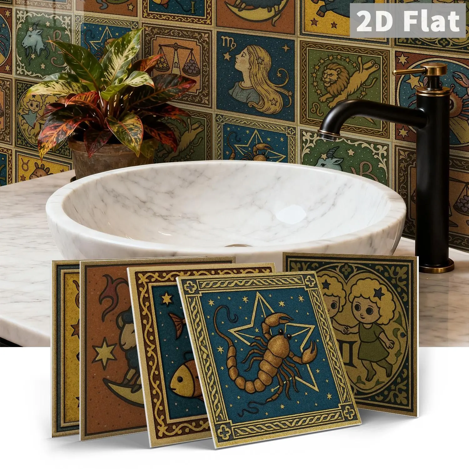 12/24 PCS per Gift Box | ART PE Crystal Tile Stickers | Retro Medieval 12 Zodiac Signs Embossed (Scorpio, Pisces, Gemini) | Waterproof & Oil-Proof Self-Adhesive Tile Stickers for Kitchen, Bathroom, Floor, Ceiling, Tiles & Old Wooden Surfaces | Home Decor