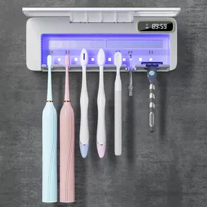 UV Toothbrush Sanitizer Holder with Heating Drying, 5+1+1 Slots Wall Mounted Bathroom Organizer, Rechargeable Cordless No-Drill Toothbrush Storage, Keep Brushes Clean Dry Hygienic