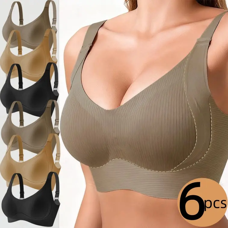 3/6 Pack Seamless Ribbed Wireless Bra for Women, Wire-Free Soft Comfort Bra with Wide Adjustable Straps, Lifting Shaping Support, Breathable Invisible Everyday Bra for Large Bust, Sleep Casual & Daily Outfits Womenswear Bridal