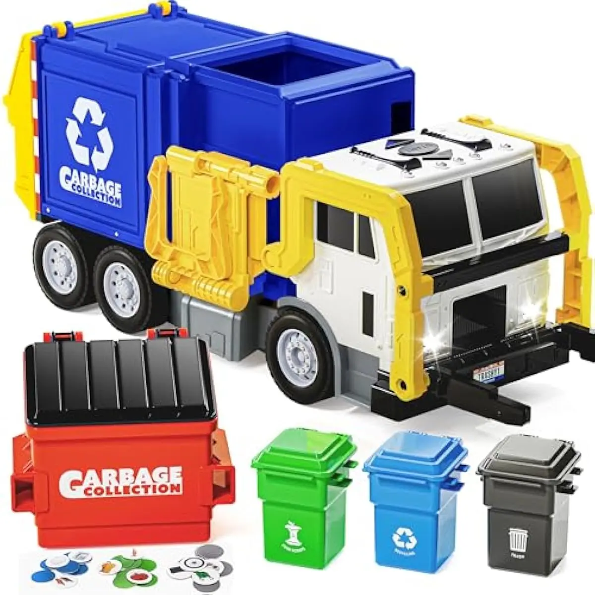 Large Friction Powered Garbage Truck Toy Set, Includes 1 Dumpster, 3 Trash Bins, and 30 Learning Cards for Kids, Blue