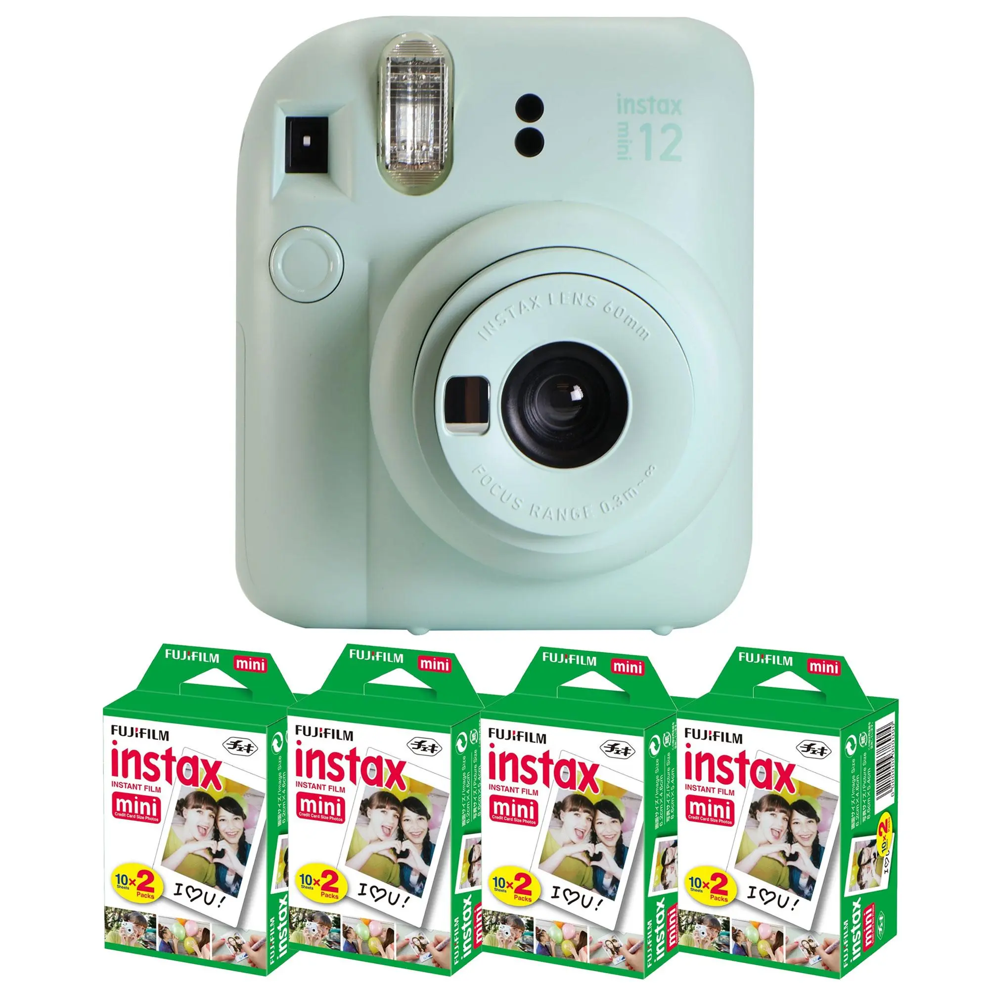 FUJIFILM INSTAX MINI 12 Instant Film Camera (Mint Green) + 4x Fujifilm 2x10 Film Mini Instax Film Pack