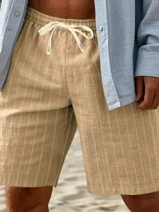 Men's Linen Blend Striped Shorts, Casual Summer Hawaiian Beach Shorts with Waist Belt, Moisture-Resistant Fashionable Pants for Vacation and Leisure