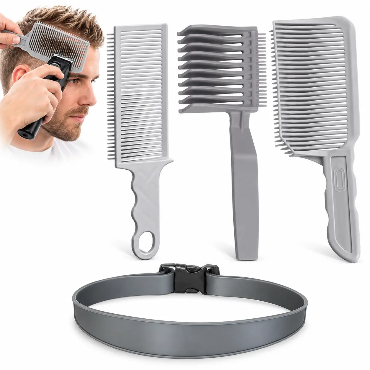 4-Piece Hair Cutting Guide Comb Set with Adjustable Silicone Band, Hair Blending & Trimming Tools for DIY Haircuts, Home Grooming & Barber Use