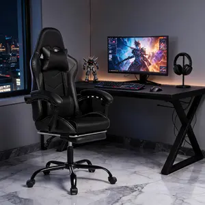 E-Sports Gaming Chair with Footrest – Sports Car Driving Seat, PU Material, Moulded Sponge, Comfortable & Safe, Headrest & Lumbar Support, Black
