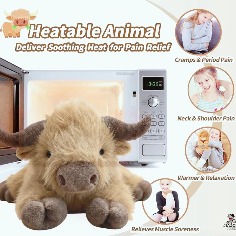 Giant Heatable Highland Cow Plush, 53cm/43cm Microwave Safe Stuffed Animal, Heating Pack & Weighted Limbs, Warm Toy for Adults & Kids