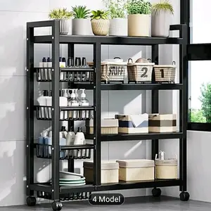MIKEE A Kitchen Storage Rack with Adjustable Height, Featuring Wire Baskets, a Microwave Stand, And a Bakers Rack, Designed for Movable Metal Shelving Suitable for Pantry And Small Kitchen Organization