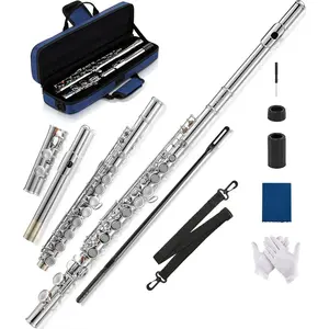 Closed-Hole Concert C Flute: Flute Instrument with 16 , Offset G, Smooth Nickel- , Air-Tight Pads, Include Stylish Case with  Strap, Cleaning Kit, Gloves (LUM-SN)