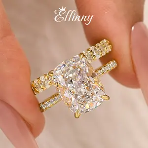 Effinny 5.0 Carat Cushion Cut 2PC Golden Wedding Ring Set With Oval Cut Wide Wedding Band, 925 Sterling Silver Promise Ring, 5A Cubic Zirconia Travel Ring