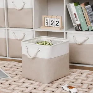 11 x 11 Inch Cube Storage Bins, 6 Pack Large Collapsible Fabric Storage Bin with Ropes, Foldable Storage Cubes for Home, Office,Closet, Clothes, Toys Organizer (White & Beige-11"x11"x11") Boxes Metal Shoe Basket Dog Light