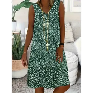 Vintage Sleeveless V-neck Tank Dress - Allover Print Women's Clothing For Spring & Summer Casual Floral Green Fabric Womenswear Collar Khaki