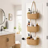 【Free Shipping】14in Pure Cotton Woven 3-Tier Trapezoid Over-the-Door Basket, Wall-Mounted Eco-Friendly Jute Organizer, French Country Aesthetic for Busy Parents, Gift Hook Included for Bathroom Home Goods, Perfect Gift Storage Solution,home decor