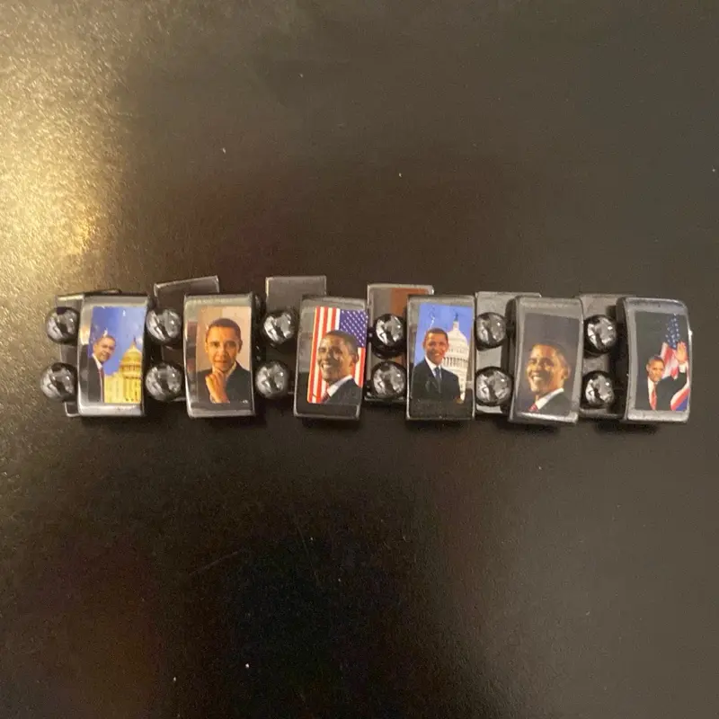 Barack Obama Magnetic Bracelet with Iconic Images and American Flag Accents for Collectors