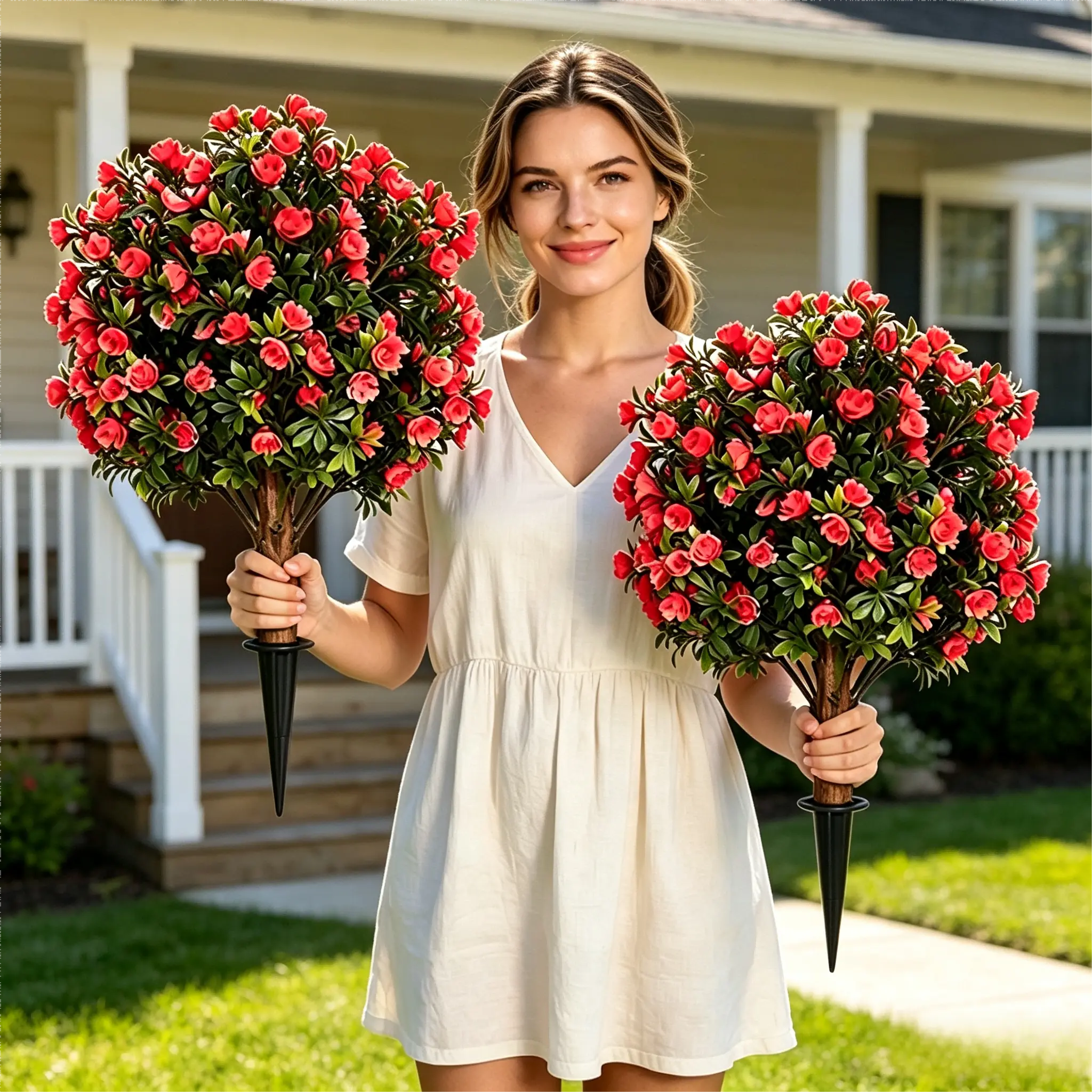 24" Artificial Red Rose Topiary Ball Trees with Ground Spike (Set of 2) - UV Resistant Evergreen Boxwood Shrubs, Faux Plants for Indoor Outdoor Front Porch Decor, Back to School Juneteenth Folk Carnival Garage Use