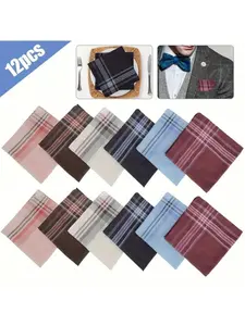 12 Piece Cotton Men's Handkerchiefs, Classic Vintage Style, Lightweight, Easy Care, Fashionable Stripes and Plaid Patterns, Accessories