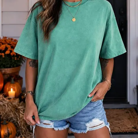Holafish Women's Soft Oversize Vintage Acid Washed Cotton Crewneck Short-Sleeve Pullover T-Shirt - Casual 2000S Aesthetic Streetwear Tee, Solid Basic Easter Apparel for Women's Outfits